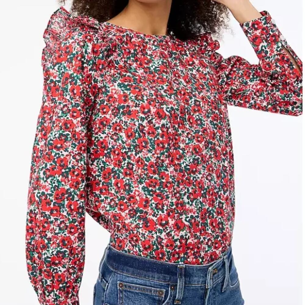 J. Crew Cotton-Blend Poplin‎ Ruffle Top Red Ditsy Floral Bohemian Womens XS
